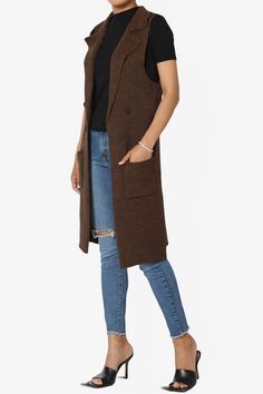 Knit Gilet, Long Sleeveless Vest, Long Sleeveless Cardigan, Jeans For Fall, Lapel Design, Layering Jacket, Top And Jeans, Vest Outfit, Outfit Top