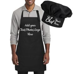 a man wearing an apron and hat with the words add your own text on it