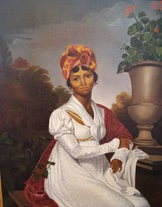 a painting of a woman sitting in front of a potted plant