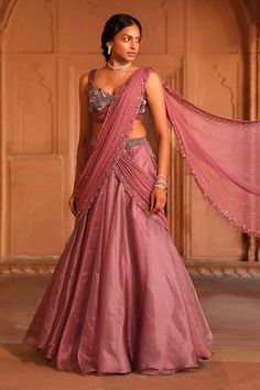 Wine pre-draped attached cancan lehenga saree with shimmer finish detail and sequin, beads, glass beads, and crystals embroidery. Paired with a padded corset blouse with sequin, cutdana work. - Aza Fashions Drape Lehenga, Cancan Lehenga, Chiffon Embroidery, Cutdana Work, Corset Blouse, Crystal Embroidery, Embellished Blouse, Lehenga Saree, Buy Wine