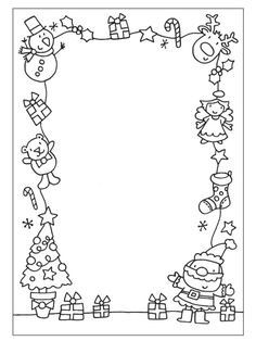 a black and white christmas frame with santa claus, snowmen and presents on it