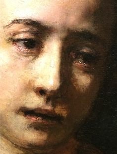 a painting of a woman's face with tears and wrinkles on her eyes