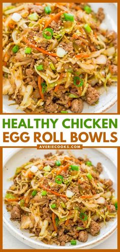 egg roll bowls with meat and vegetables in them on a white plate next to the same bowl