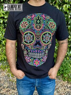 Handmade Serigraphy Print, Mexican Mens T-Shirts Graphic Tees that are super stylish , bright and glow in Blacklight , Neon Lights, Mexican Art Skull shirts , made by Artisans in Mexico in several designs . Mexican men Shirts. Short sleeve Men's apparel made of ultrasoft 100% cotton, this comfortable style is designed with a classic crew neckline, short sleeves and relaxed Fit, Our t-shirt is a perfect gift for that special person near you.  Please check the Product images for Size measurements guide Follow us in Instagram and Facebook: @RamposMX Mexican Tshirt, Aztec Shirt, Mexican T Shirts, Aztec Culture, Mexican Men, Artisanal Design, Shirts Graphic, Shirts Short Sleeve, Comfortable Style