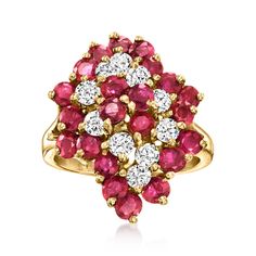 Ross-Simons - C. 1980 Vintage 2.20ct t. w. Ruby, .70ct t. w. Diamond Cluster Ring Size 5. C. 1980. Forming a dazzling swirl of cinnamon-red sparkle, our Estate collection ring shimmers with a classic cascade of 2.20 ct. t. w. round rubies and icy .70 ct. t. w. round brilliant-cut diamonds in polished 14kt yellow gold. 7/8" wide. Diamond and ruby cluster ring. Exclusive, one-of-a-kind Estate Jewelry. Ruby birthstones are the perfect gift for July birthdays. Ruby Ring With Diamond Cluster And Brilliant Cut, Cluster Ruby Ring With Brilliant Cut Diamonds, Classic Ruby Ring With Diamond Accents Cluster, Classic Ruby Ring With Diamond Accents In Cluster Shape, Cluster Ruby Ring Fine Jewelry, Classic Multi-stone Cluster Ruby Ring, Classic Multi-stone Cluster Diamond Ring, Classic Cluster Multi-stone Diamond Ring, Fine Jewelry Ruby Cluster Ring With Brilliant Cut