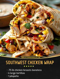 the southwest chicken wrap is stacked on top of each other