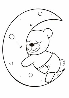 a teddy bear sitting on the moon with its paw in it's mouth, coloring page