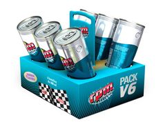 six cans of soda in a blue box with checkerboard design on the side