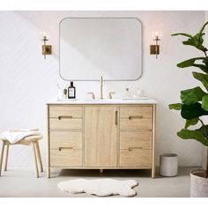 a bathroom vanity with a mirror, stools and potted plant in the corner