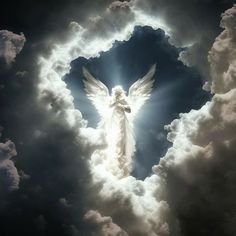 an angel in the sky with clouds around it