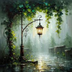 a painting of a lamp post in the middle of a rain soaked park with trees