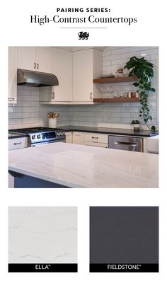 an image of a kitchen with white countertops and black accents on the bottom right corner