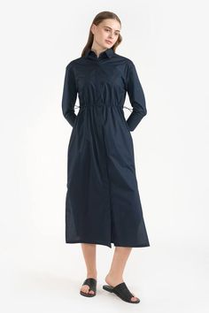 Navy blue plain, midi dress with side slits, elasticated waist with drawstring detailing. - Aza Fashions Daywear Midi Dress With Drawstring, Midi Length Dress With Drawstring For Daywear, Elegant Midi Dress With Drawstring, Elegant Blue Midi Dress With Gathered Waist, Plain Midi Dress, Collared Dress, Collar Dress, Dress For Women, Three Quarter Sleeves