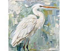 a painting of a white egret standing in front of a blue and green background