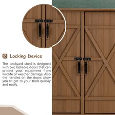 an image of a wooden garage door with locks on it's sides and the text locking device