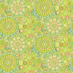 an image of a green background with many different flowers and leaves in the shape of circles