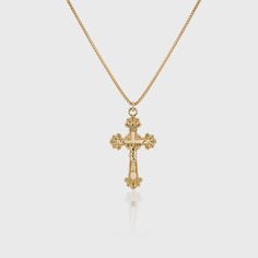 18K gold filled ornate cross pendant on a gold plated sterling silver box chain. Available in 18" or 20" chain lengths. Anastasia Necklace, Ornate Cross, Gold Cross Necklace, Gold Cross Pendant, Classy Jewelry, Funky Jewelry, Jewelry Lookbook, Silver Box, Gold Cross