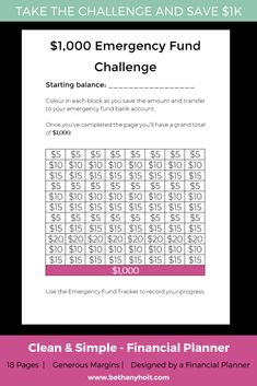 the $ 1, 000 emergency fund challenge is shown in pink and black with an image of