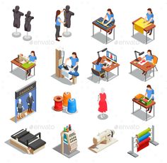 people working at different desks and sewing machines - objects 3d renderer modelo