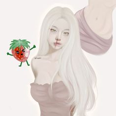 a digital painting of a woman holding a strawberry