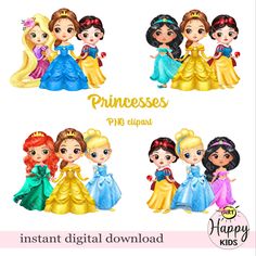 disney princesses clipart with different dresses and tiara for personal use, instant digital file