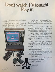 an advertisement for the atari game system, which is used to play video games and other electronic devices