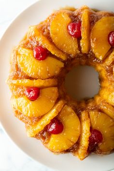 a pineapple upside down cake on a white plate