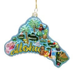 an ornament shaped like the state of alohna, with hawaiian symbols