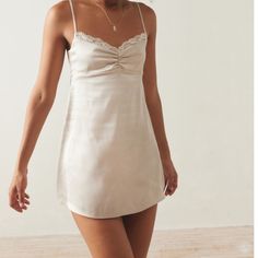 New With Tags Slip Dress From Urban Outfitters! Size Small, In Champagne White Silk Slip Dress Short, Summer Mini Dress For Sleep, Silk White Dress Short, Feminine Fitted Slip Dress For Day Out, Mini Length Slip Dress With Lace Trim For Brunch, Lace Trim Mini Slip Dress For Brunch, Mini Slip Dress With Lace Trim For Brunch, Beige Summer Sleep Dress, Chic White Sleep Dress