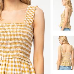 Gingham Print Sleeveless Smocked Peplum Top Featuring Square Neck Detail. New Without Tags Size Large Made Of Polyester And Spandex Summer Sleeveless Gingham Top, Sleeveless Ruffled Tops For Picnic, Sleeveless Gingham Tops For Day Out, Summer Gingham Top With Smocked Back, Casual Gingham Tops With Smocked Bodice, Sleeveless Tops With Smocked Bodice For Picnic, Casual Yellow Tops With Smocked Back, Yellow Summer Top With Smocked Bodice, Fitted Gingham Top With Smocked Back