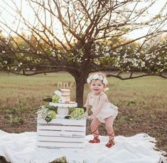 a baby standing next to a cake on top of a blanket in front of a tree