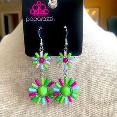 Multicolored Flower Earrings Fish Hook Style Spring Party Dangle Jewelry, Multicolor Flower Jewelry For Summer, Red Drop Earrings For Spring, Spring Party Jewelry With Matching Earrings, Playful Green Earrings For Party, Playful Green Earrings For Parties, Colorful Flower Earrings For Spring, Trendy Colorful Flower Jewelry, Spring Multicolor Flower Earrings