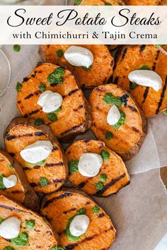 grilled sweet potato steaks with chimichurri and twin creme on top