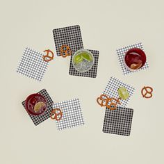 Set of eight reusable gridded paper coasters with glassware and snacks. Acrylic Keepsakes, Paper Play, Modern Coasters, Paper Coaster, Grid Pattern, Beds For Sale, Keepsake Box, Bedding Shop, Keepsake Boxes