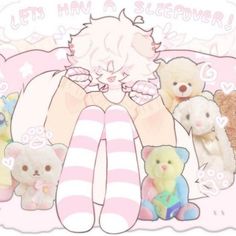 there are many teddy bears sitting together on the bed with pink and white striped stockings