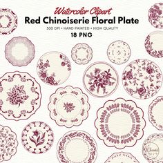 red and white floral plates are displayed on a white background with the words, watercolor giant