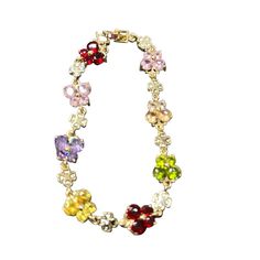 14k Gold Plated Multicolor Flower Crystal Bracelet New Tarnish Free, Nickle, Lead Free And Hypoallergenic Rainbow Flower-shaped Jewelry For Gifts, Dainty Multicolor Flower Jewelry, Colorful Flower-shaped Bracelets For Gifts, Colorful Flower Bracelets As Gift, Colorful Flower Bracelets For Gifts, Colorful Flower Shaped Jewelry For Gifts, Colorful Flower Shaped Jewelry Gift, Colorful Flower-shaped Jewelry For Gifts, Colorful Flower-shaped Jewelry Gift