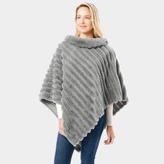 Size : 29.5" X 29.5" Material : 100% Polyester Cozy Gray Poncho For Fall, Gray Oversized Poncho For Winter, Casual Gray Long Sleeve Poncho, Cozy One-size Poncho For Fall, Gray Long-sleeved Poncho For Layering, Bling Necklace, Loop Earrings, Faux Fur Collar, Fur Collars