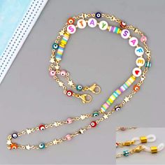 Evil Eyes Beaded Necklace Eyeglasses Holder Chain Face Mask Holder Chain Multi-Color Pastel Colored Beads Two Silicone Attachments Are Included B27-04 Trendy Gold Beads For Summer, Gold Beaded Chain For Summer, Gold Beaded Necklaces With Letter Beads For Beach, Gold Glasses Chains With Colorful Glass Beads, Bohemian Gold Glasses Chains With Colorful Beads, Yellow Glass Beaded Necklace, Eyeglass Chain Holders, Leather Eyeglass Cases, Face Mask Holder