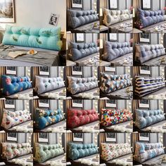 many different types of couches and pillows on display