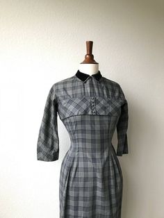 Amazing one of a kind dressDouble collar, top part is velvetButton detail on chest panelPerfect condition Vintage Plaid Workwear Dress, Vintage Fitted Gray Dresses, Fitted Vintage Gray Dress, Fitted Plaid Dress With Buttons For Work, Classic Fitted Plaid Dress With Buttons, Vintage Plaid Dress For Work, Formal Fitted Plaid Dress, Fitted Vintage Plaid Dress With Buttons, Blue Plaid Dress