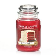 a red velvet yankee candle on a white background