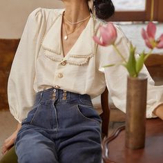 Pearl Collar Shirt, Pearl Shirt Outfit, Flat Chested Fashion, Pearl Shirt, Satin Button Up, White Blouses, Pearl Collar, Gamine Style, Lace Up Corset