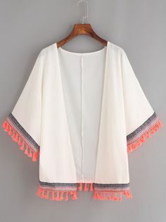 White Woven Tape and Tassel Trimmed Chiffon Kimono Kimono Online, Mode Kimono, Chiffon Kimono, Hijab Styles, Fashion Tops Blouse, Trendy Fashion Tops, Girls Fashion Clothes, Kimono Fashion, Teen Fashion Outfits