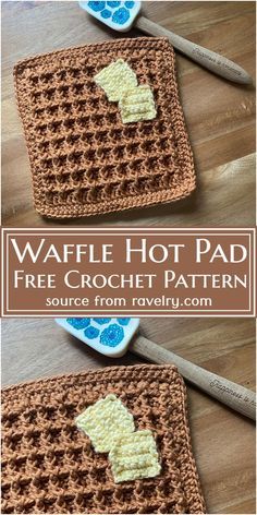 two crocheted squares with the words waffle hot pad on them and one has a