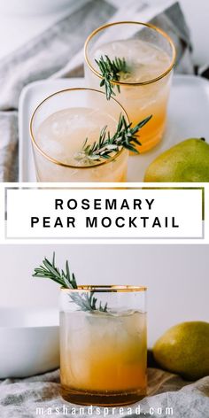 two glasses filled with rosemary pear cocktail