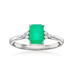 Ross-Simons - 1.10ct Emerald Ring, Diamond Accents in 14kt White Gold. Size 7. Celebrate your May birthday with the ultimate present! Our timeless ring spotlights a 1.10 carat emerald flanked by sparkling round brilliant-cut diamond-accented trios. Finely crafted in polished 14kt white gold. 1/4" wide. Emerald ring. Emerald birthstones are the perfect gift for May birthdays. Formal White Gold Emerald-cut Birthstone Ring, 14k White Gold Emerald Ring, May Birthstone, Silver Emerald Ring For May Birthstone, Fine Jewelry, Silver Emerald Ring For Gift, Fine Jewelry, May Birthdays, Sterling Silver Hallmarked Emerald Ring, May Birthstone, Natural Emerald Rings, Emerald Birthstone, Timeless Ring