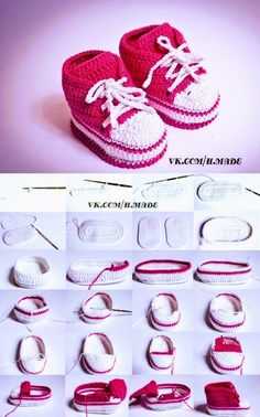 crocheted baby shoes and booties are shown in different sizes, colors and patterns