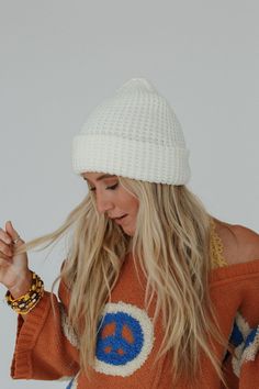 Get ready for the effortlessly cool and classic touch of the Maybelle Waffle Beanie—the perfect addition to your cool-weather wardrobe! Cozy waffle knit fabric Fitted beanie silhouette Fold over edge detail Perfect essential boho finish! Pair with: Eye Of The Sun Padded Bralette, Ethereal Shine Stacked Bracelet and Dreamscape Layered Necklace. *Due to lighting and differences in monitors, actual colors may vary slightly from what appears online. Model is 5'4" and wearing a size OS. Approximate m Boho Essentials, Bralette Outfit, Padded Bralette, Layered Necklace, New Tops, Waffle Knit, Fold Over, Beanie Hats, Sweater Jacket