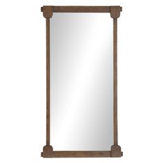 a large mirror with wooden frame and wood trimmings on the bottom, against a white background